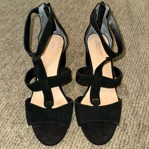 Brand new Chunky 2.5 inch heel black sandals with silver hardware zipper back